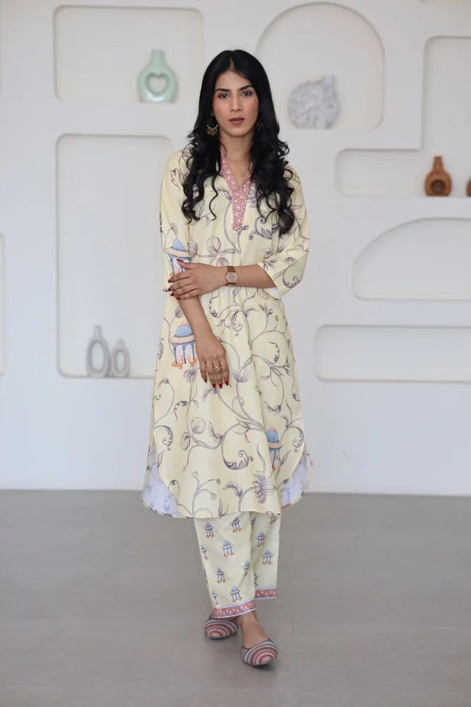 Yellow Pastel Printed Kurti Set