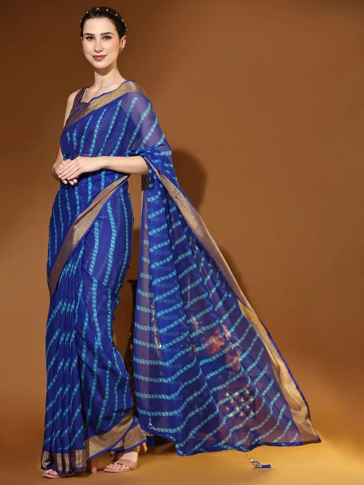 Ladies Blue Stripe Printed Chiffon Saree