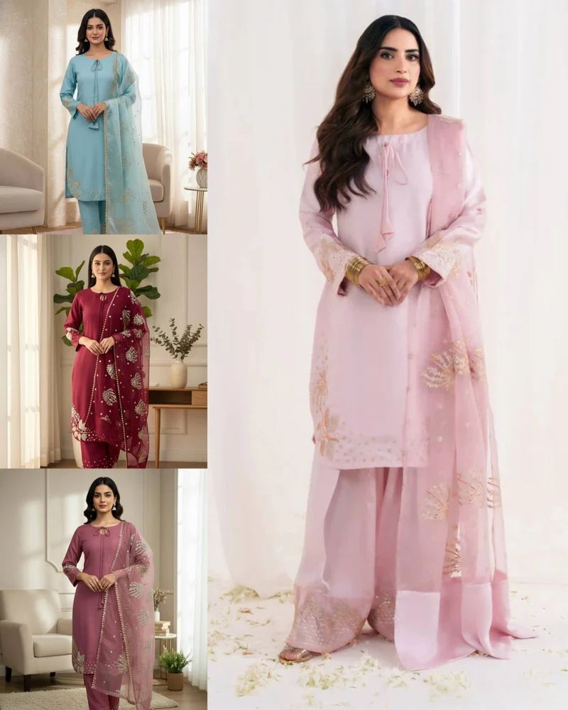 Designer Organza Embroidered Suit with Palazzo & Dupatta
