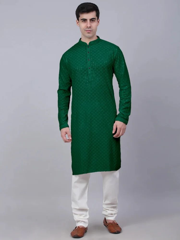 Men Embroidered, Embellished Cotton Rayon Straight Kurta