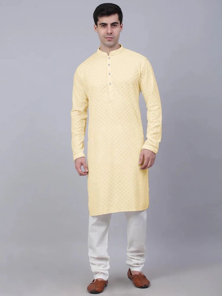 Men Embroidered, Embellished Cotton Rayon Straight Kurta
