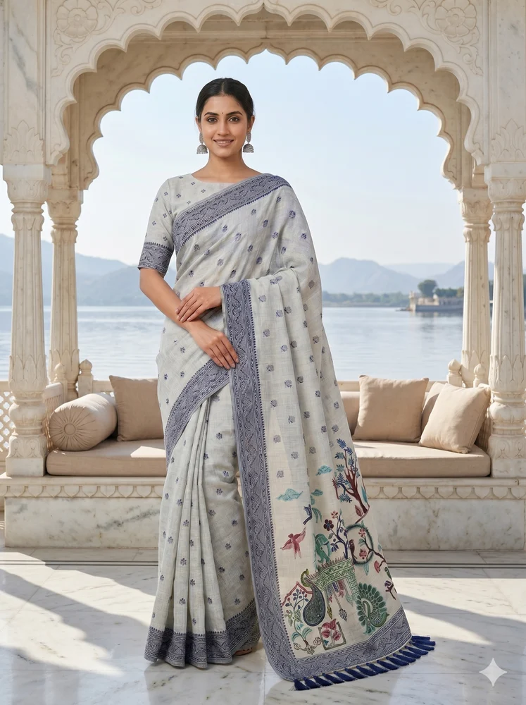 Premium Grey Cotton Jamdani Saree with Artistic Peacock Pallu- light blue