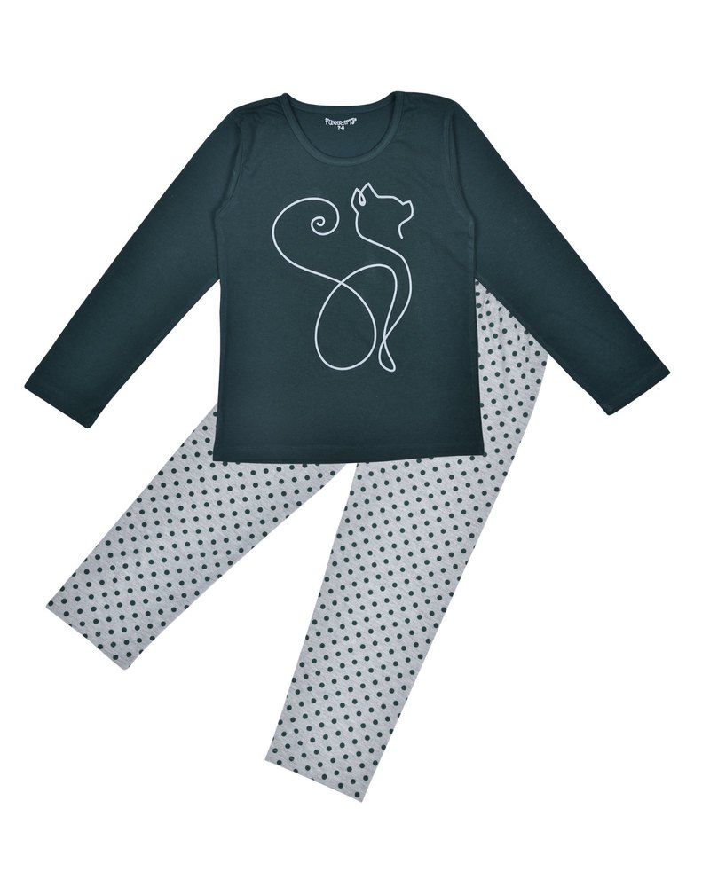 GIrls Full Sleeves T - shirt And Bottom Night Suit Animal Print - teal Green