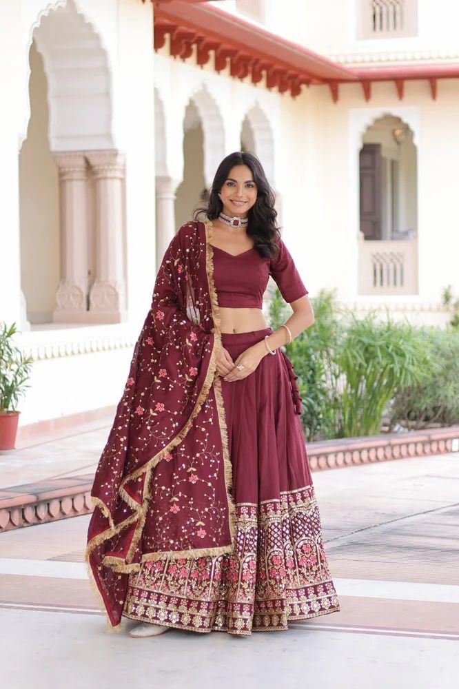TRENDY CULTURE'S Vichitra Silk Lehenga Choli with Heavy Sequins & Thread Embroidered Work