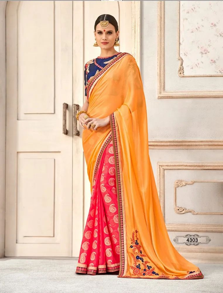 Yellow & Pink Chiffon Party Wear Saree