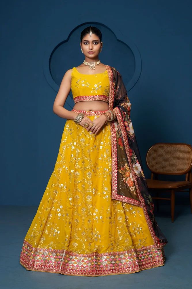 Yellow Sequence Silk Embroidery Floral Print Lehenga Choli