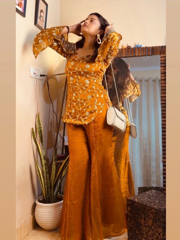 Bell-Sleeve Glam: Embroidered Peplum & Sharara Set