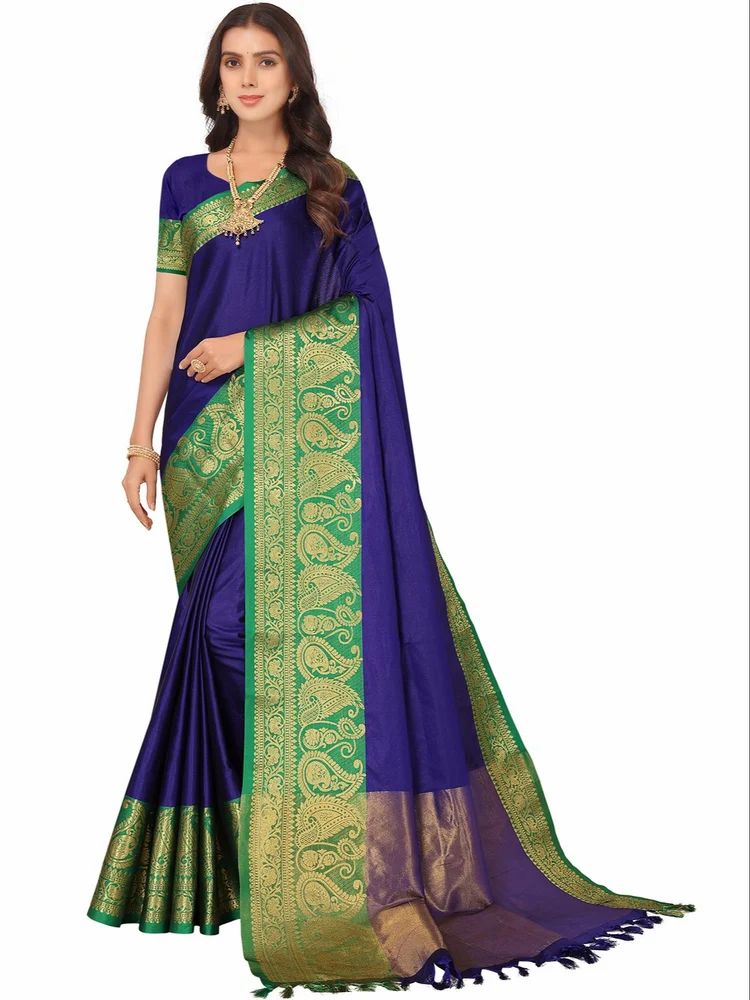 Banarasi Silk Blend Plain Solid Golden Zari Border Saree
