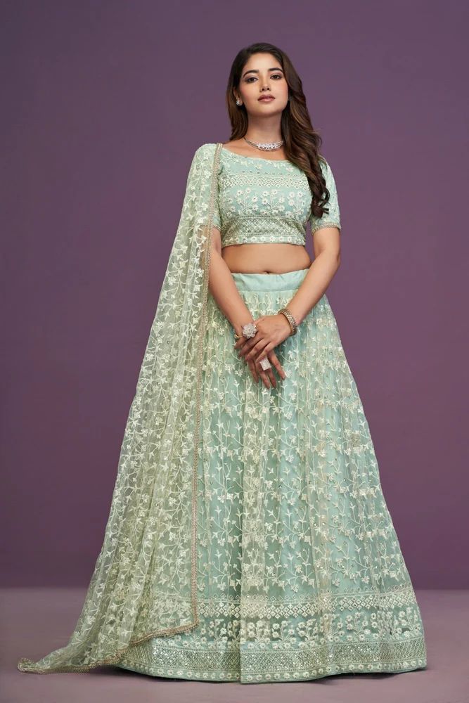 Pista Green Soft Net Thread Embroidery Work designer lehenga