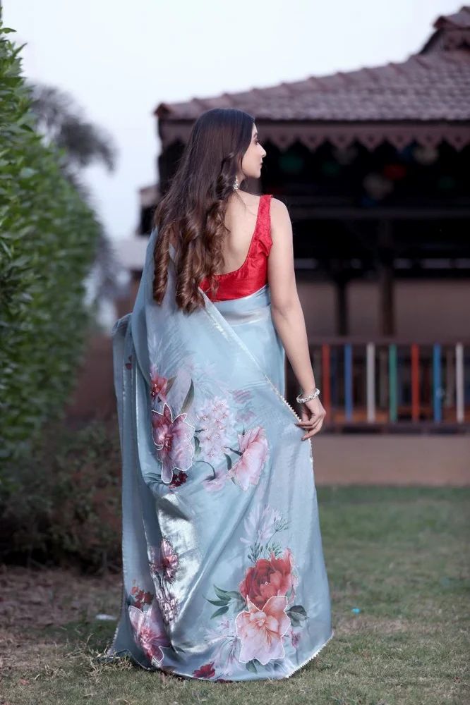 Shiny Grey Organza Handwork Saree