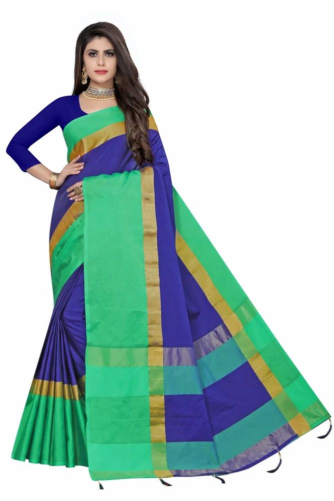 Ladies Plain Green Silk Cotton Saree