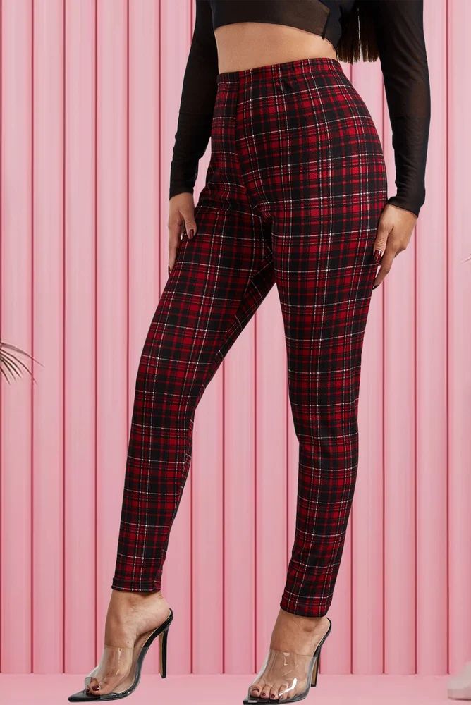 Black And Red Check Printed Imported Lycra Leggings