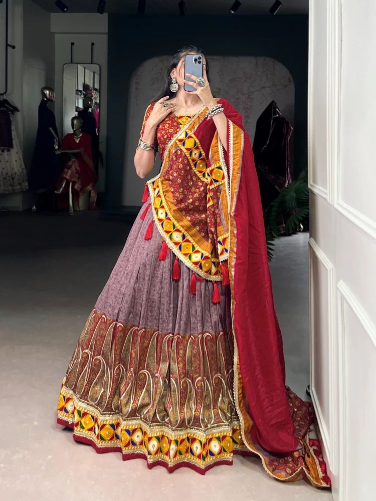 TRENDY CULTURE'S Royal Kashmiri Print Tasar Silk Foil & Mirror Lehenga