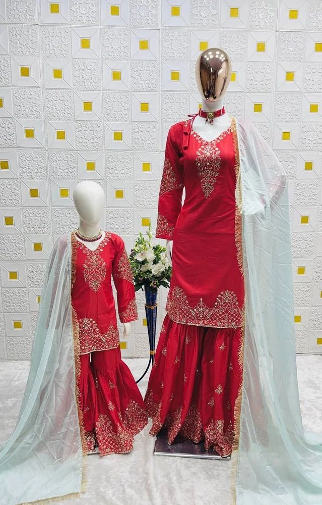 Mom Daughter Matching Embroidery Palazzo Suit