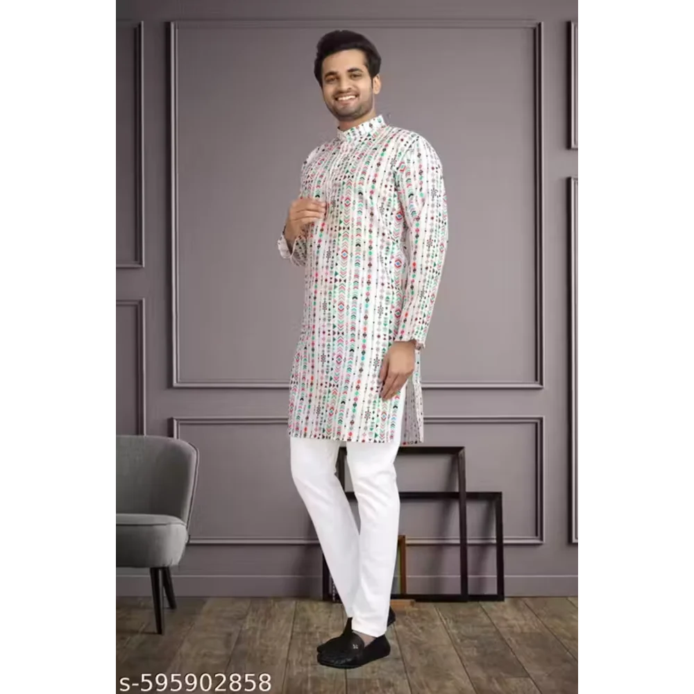 Men White Cotton Blend Printed Kurta