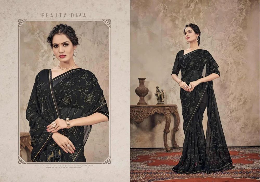 Ladies Black Embroidered Georgette Saree