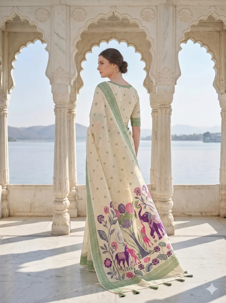 Cotton Jamdani Saree with Elephant & Floral Pallu Design- off white