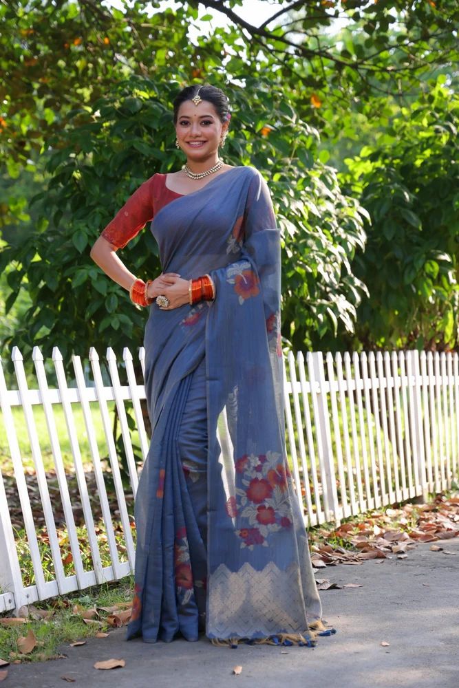 Premium soft Muga Cotton saree resham weaving jamdani type pallu