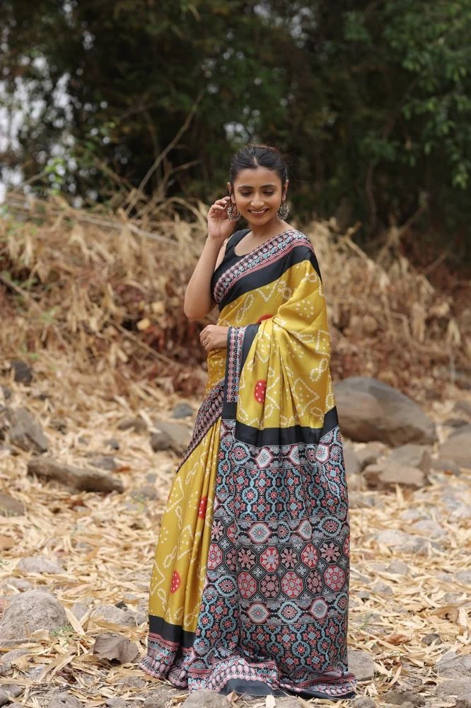 Ajrakh japan satin saree