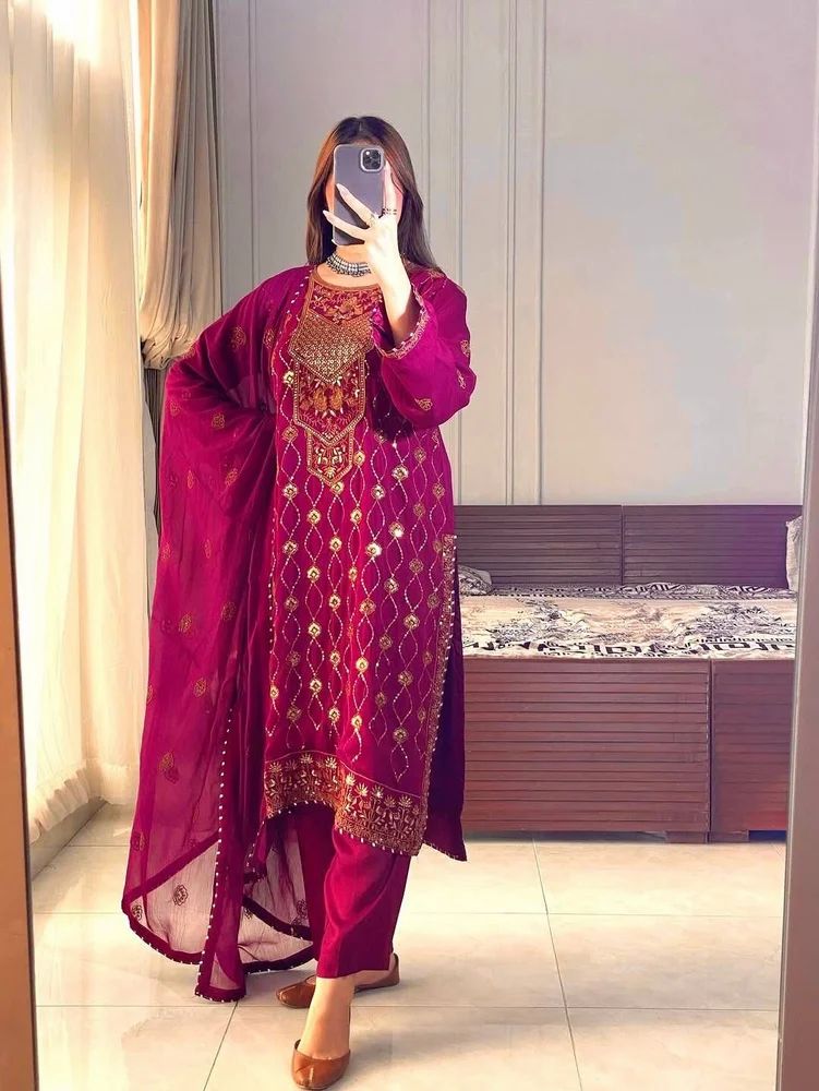 beautiful sequins Thread & zari embroidery work kurti with pant and dupatta
