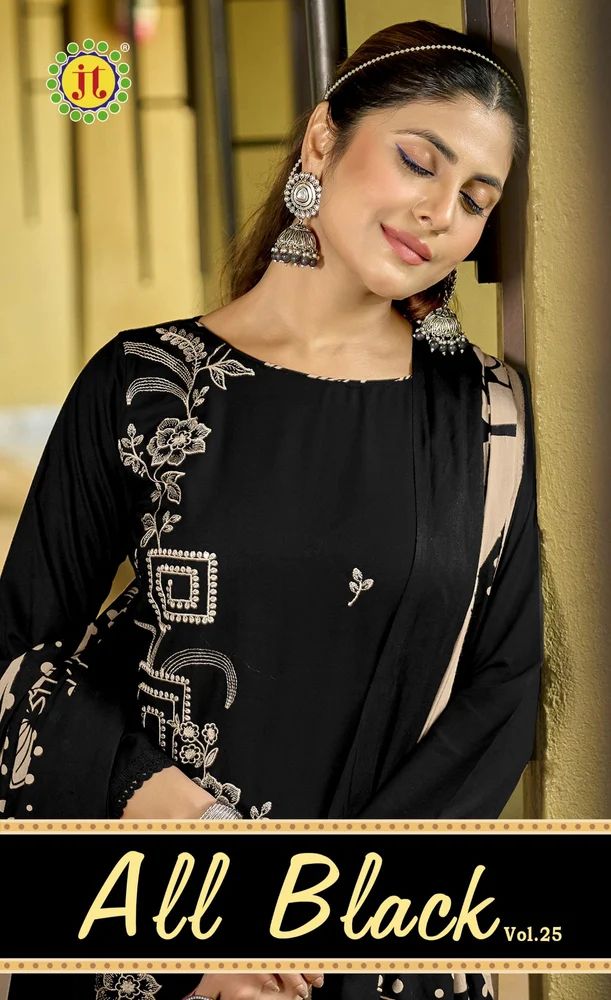 JT ALL BLACK 25 PREMIUM WORK RAYON DRESS MATERIAL AT WHOLESALE PRICE