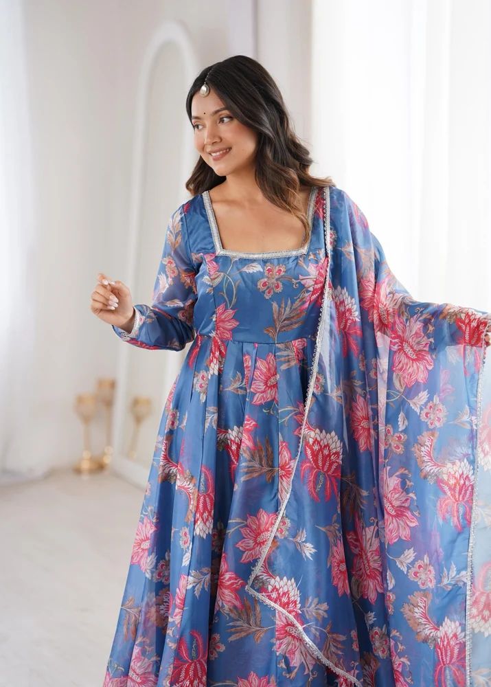 soft lightweight organza floral print gown with pant and dupatta