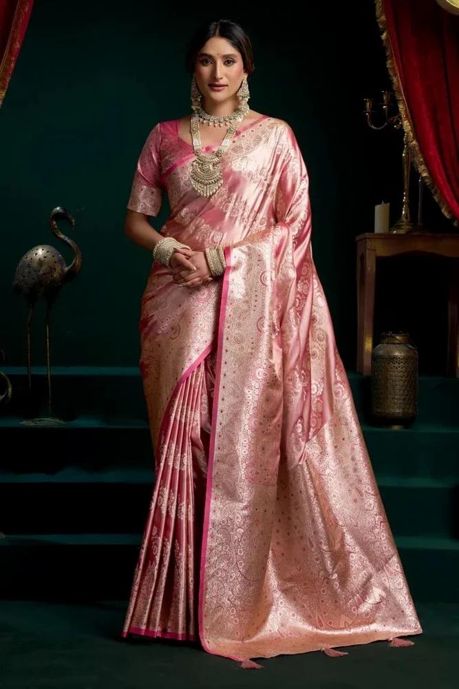 Ladies Pink Satin Silk Party Wear Saree