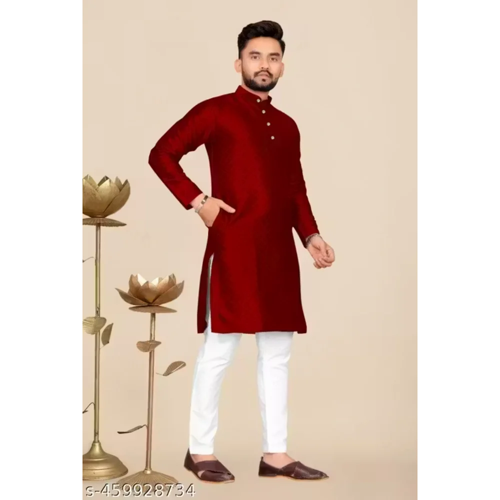 Men Maroon Cotton Blend Plain Kurta