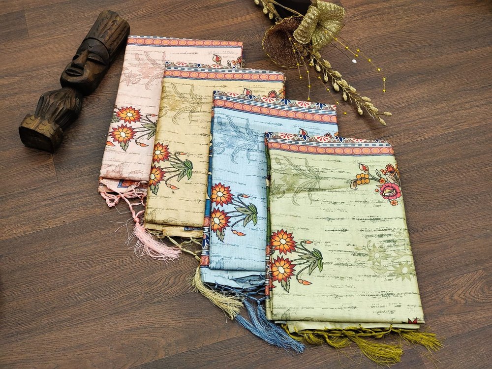 Tussar Silk Saree with Beautiful Floral print Contrast Pallu and Blouse with fancy saree