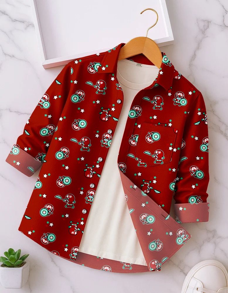 Maroon Boys Rayon Cartoon Print Shirt