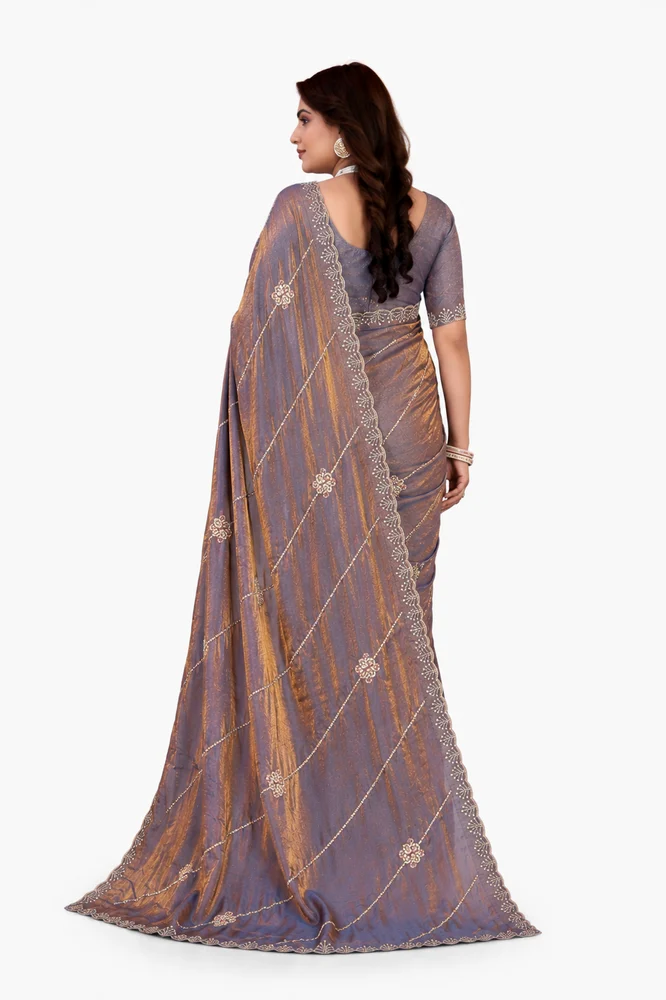 Women's Fendy Saree with Sequins & Beads Embroidery Work and Unstitched Blouse Piece