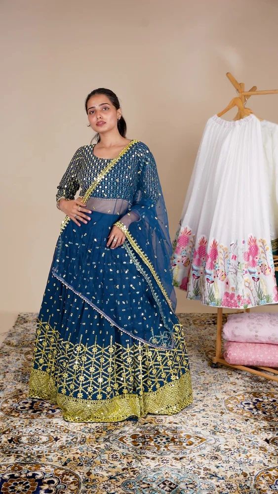 Wedding Blue Designer Embroidery Sequence Work Lehenga Choli