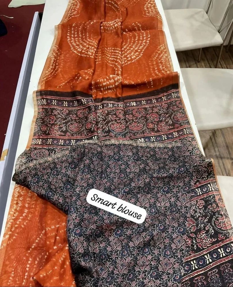 Ajrakh Silk Saree, With blouse piece