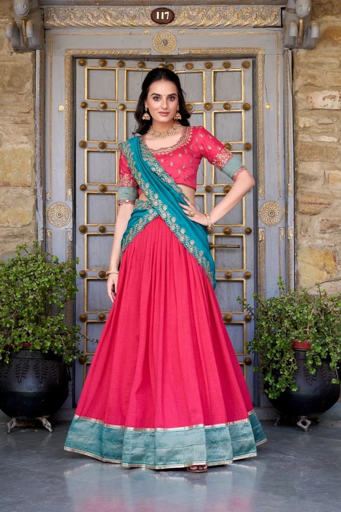 TRENDY CULTURE'S Vichitra Silk Lehenga Choli with Zari Weaving Work & Sequins Lace Border