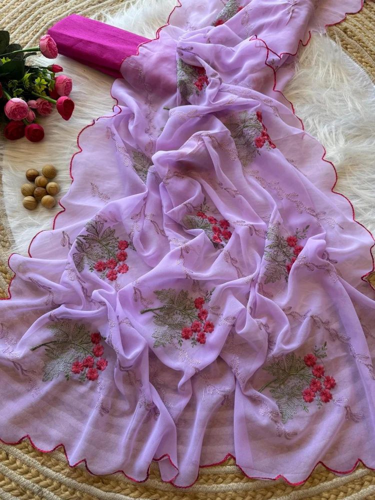 NINA PURE GEORGETT SILK WITH FLOWERS WORK SAREE AT WHOLESALE PRICE