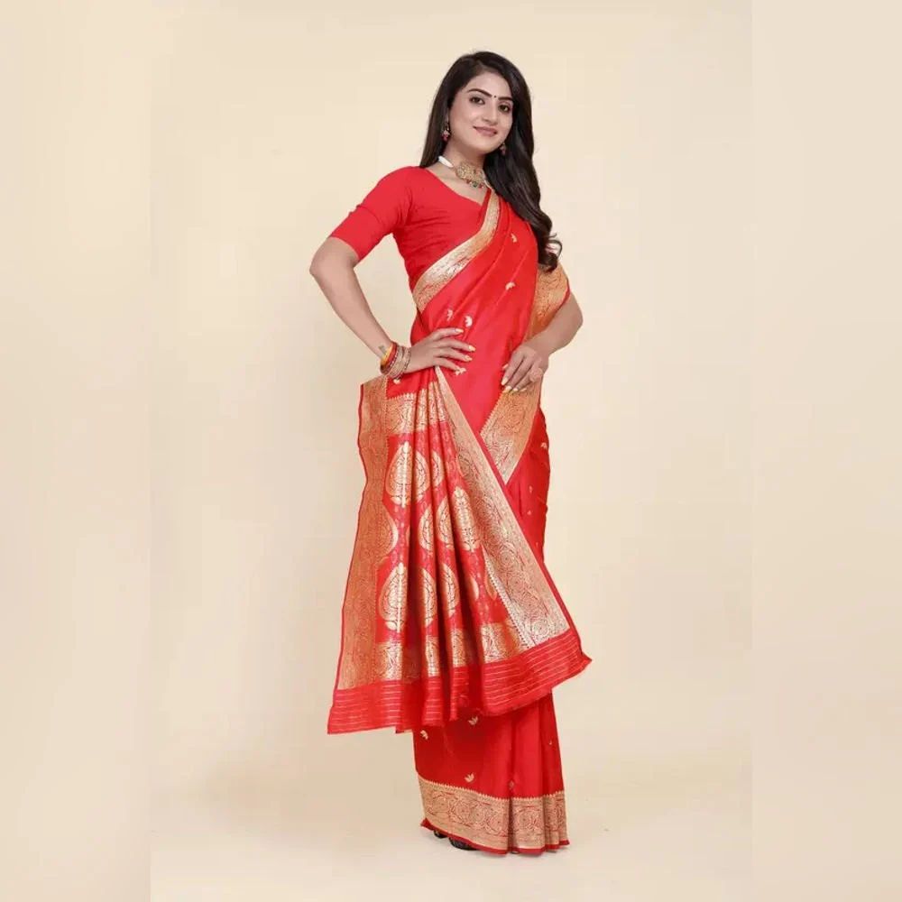 Ladies Silk Red Printed Banarasi Saree