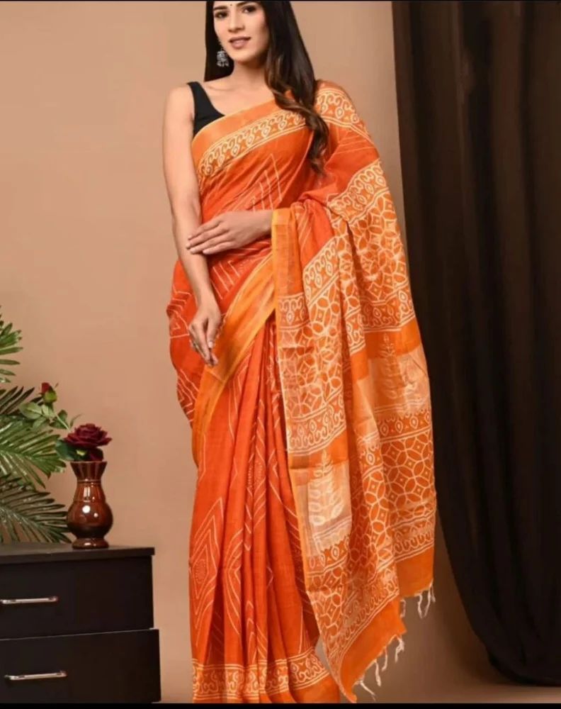 Orange Digital Print Linen Sarees