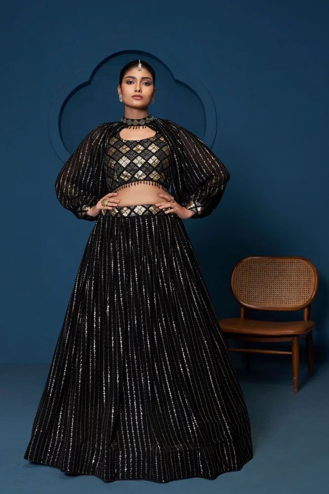 TRENDY CULTURE'S Black Sequence Work Geogette Crop Lehenga