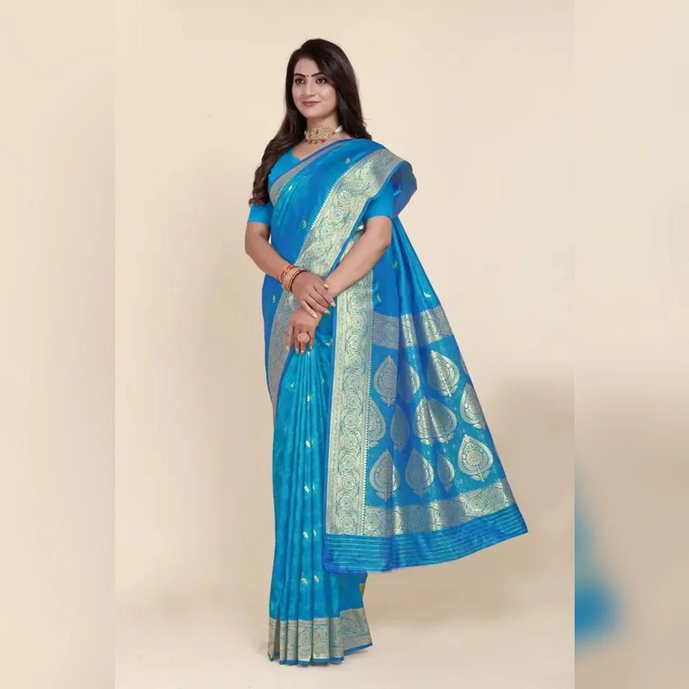 Ladies Silk Sky Blue Printed Banarasi Saree