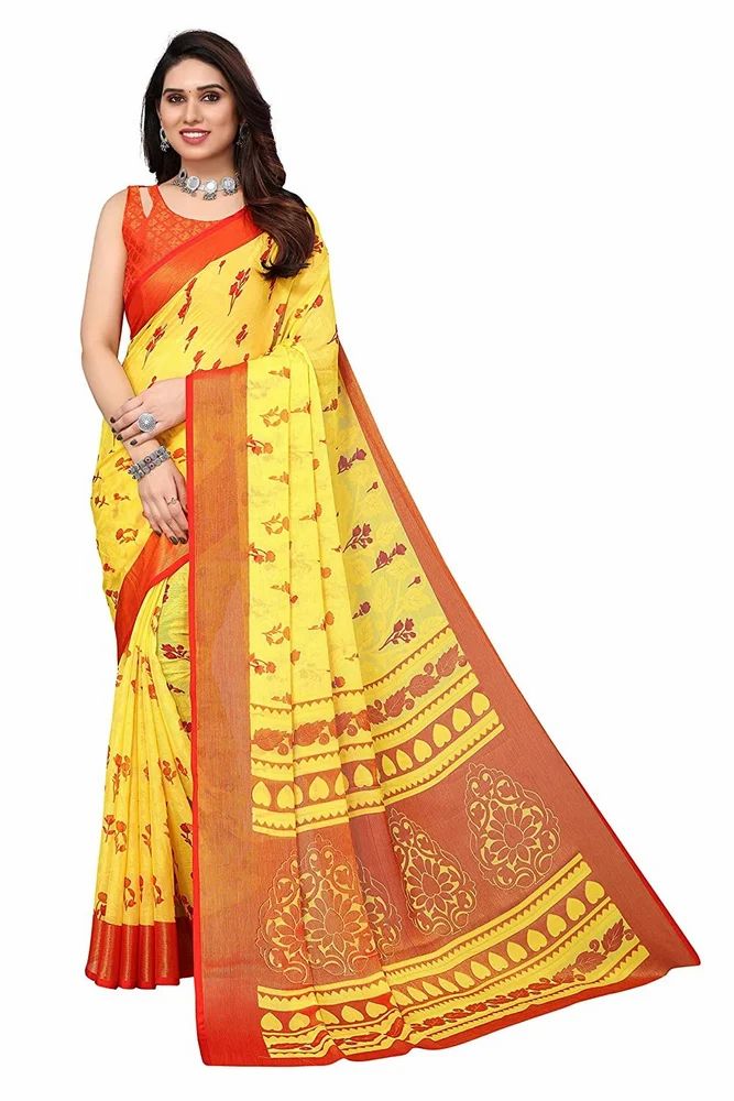 Leeza Store Gold Toned Floral Printed Soft Chiffon Brasso Saree With Ethnic Motifs On Pallu