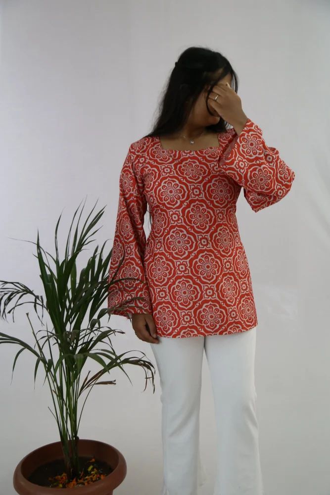 Red Printed Rayon Short Ladies Kurti