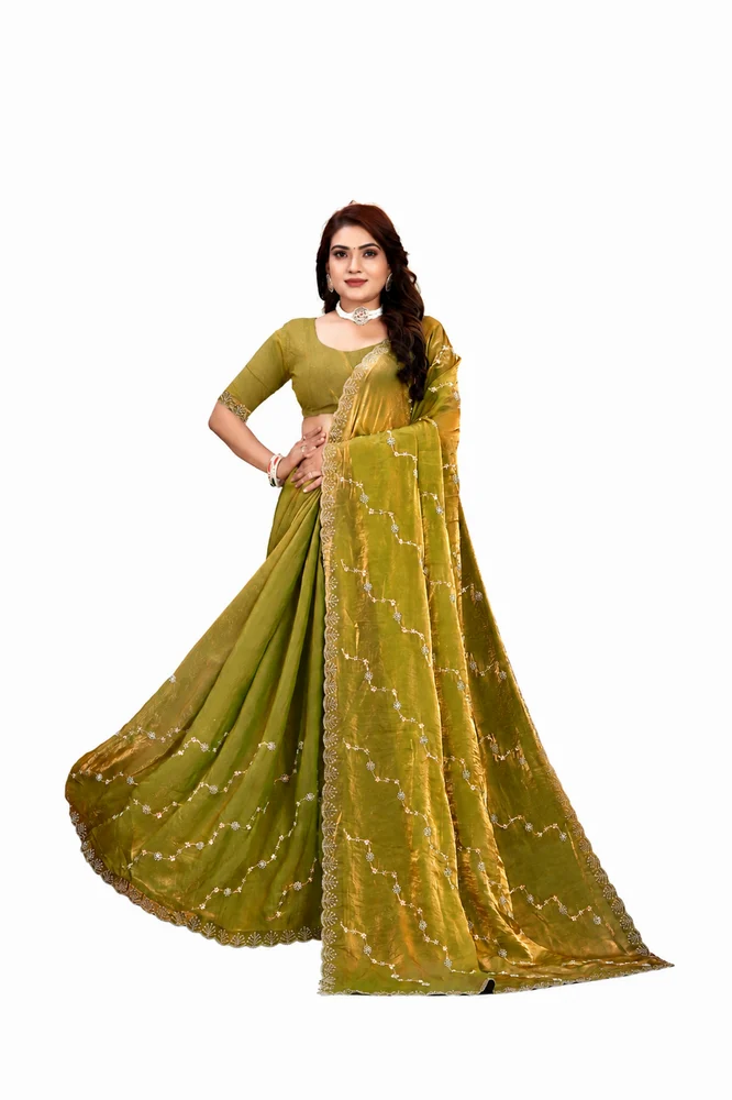 Rivore Women's Fendy Saree with Sequins & Beads Embroidery Work and Unstitched Blouse Piece