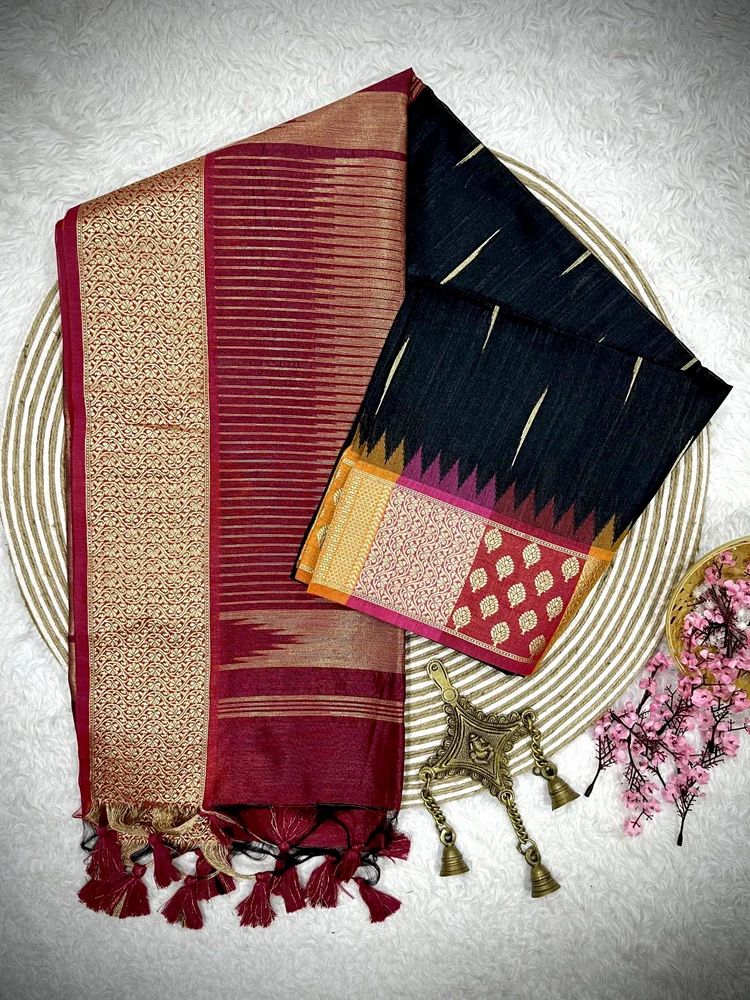 Soft Khadi Raw Silk Saree With classic multicolour temple weaving border