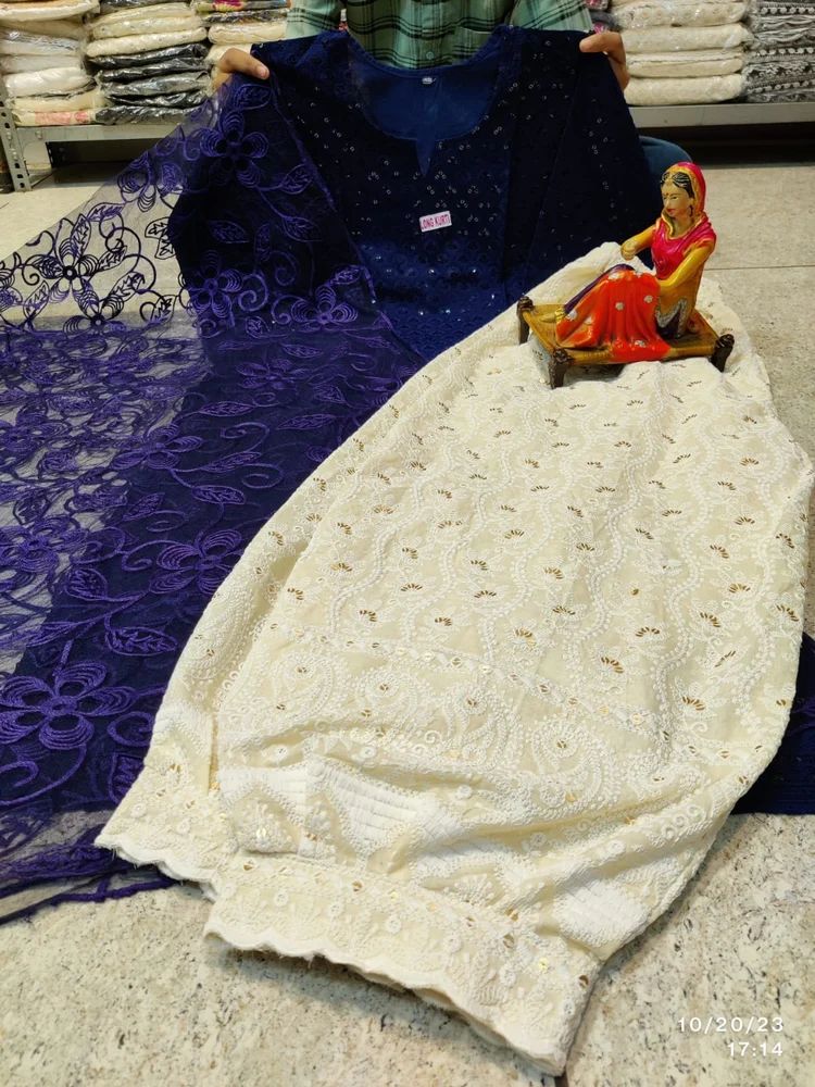 Chikankari Kurti With Net Fabric Duppta With Chikan Afghani Salwar