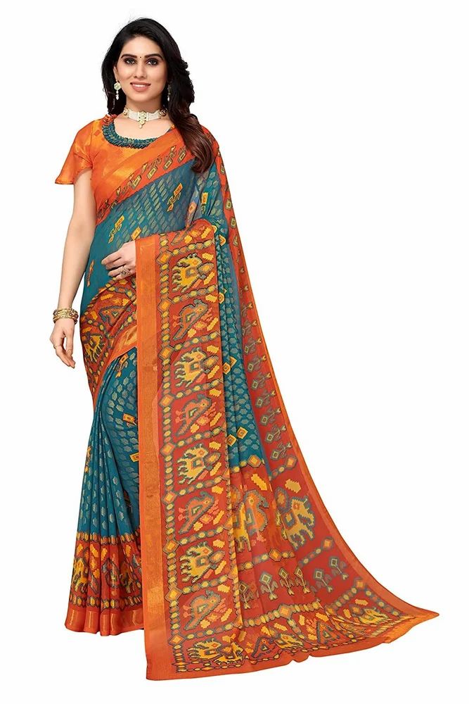 Gold Toned Printed Soft Chiffon Brasso Saree
