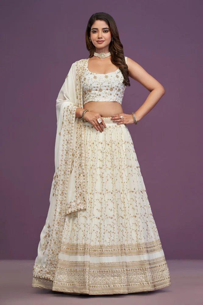 White Zari Sequence Embordered Georgette Lehenga Choli