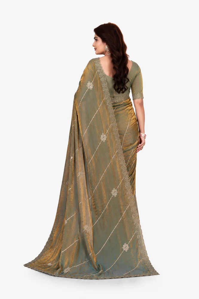 Rivore Women's Fendy Saree with Sequins & Beads Embroidery Work and Matching Blouse Piece