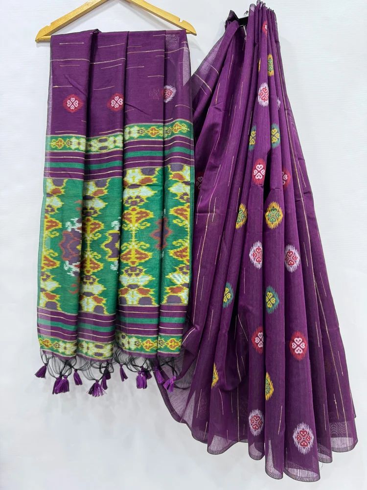 Premium soft ikkat cotton saree with traditional  pallu and fancy tassels saree