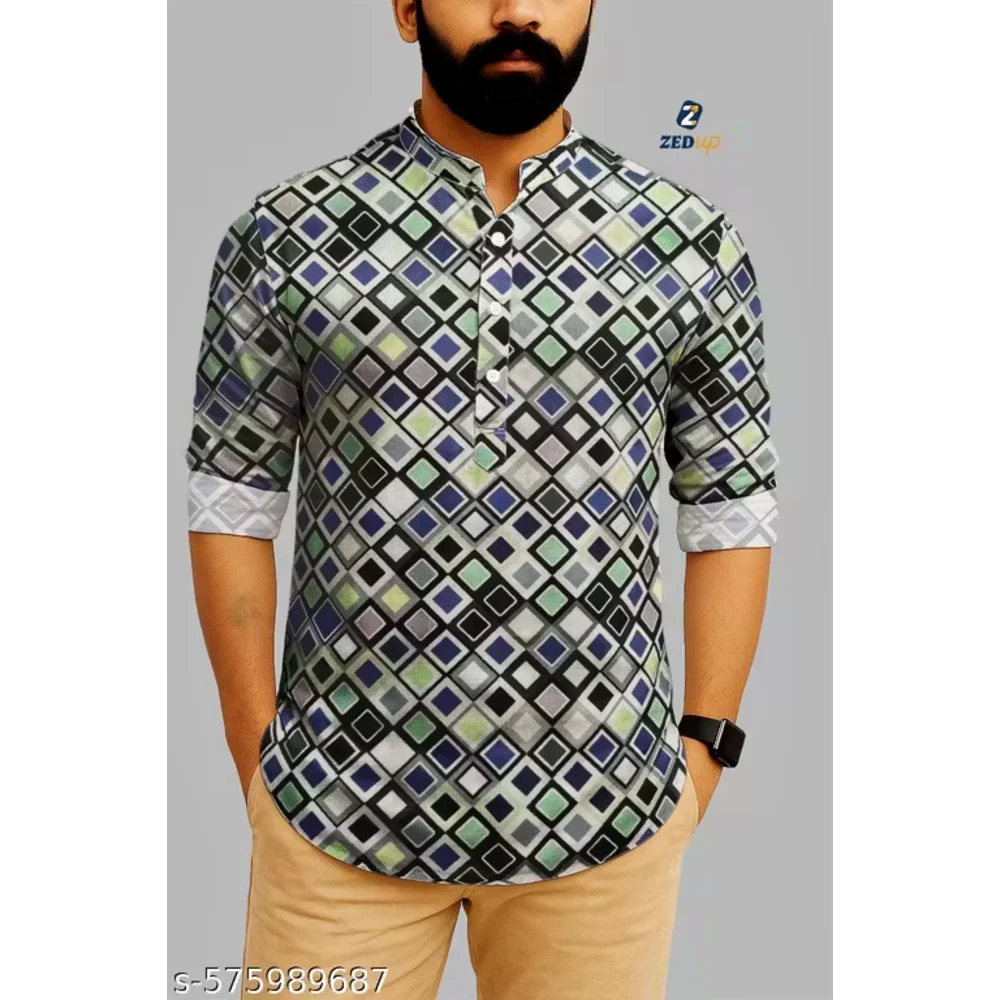 Men Green Cotton Blend Short Kurta