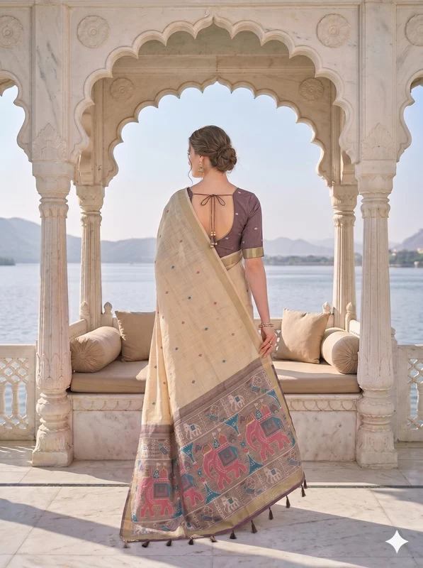 Beige Jamdani Saree with Elephant Motif Pallu